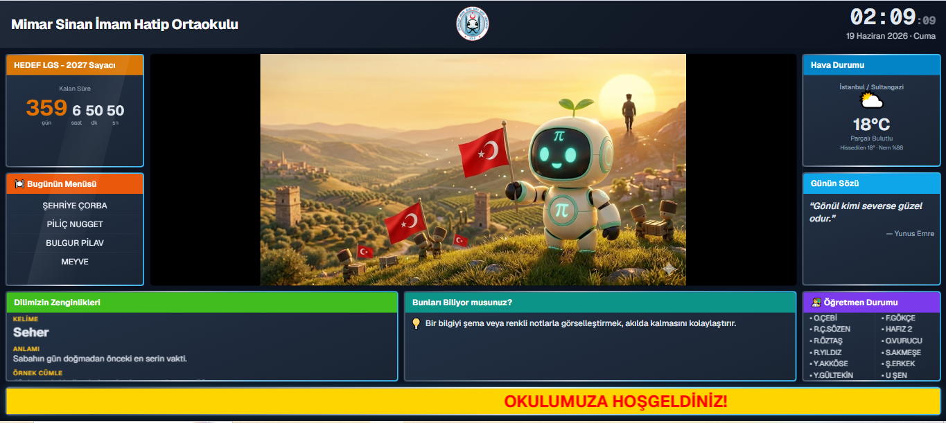 Canlı okul panosu — koyu tema: nöbet, doğum günü, ders programı, günlük içerik